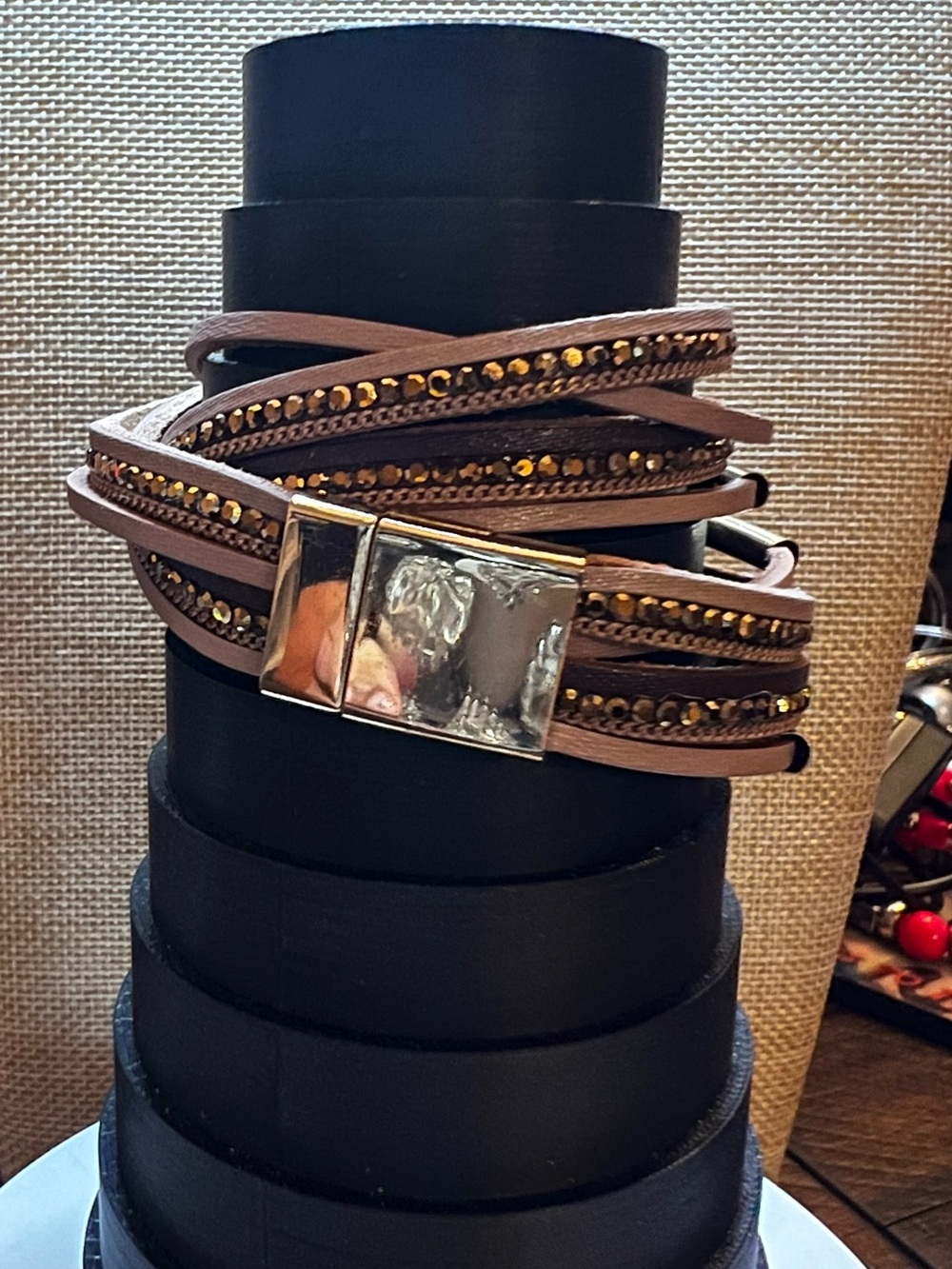 Layered Brown Leather Wrap Bracelet with Gold Accents - Picture 2 of 3